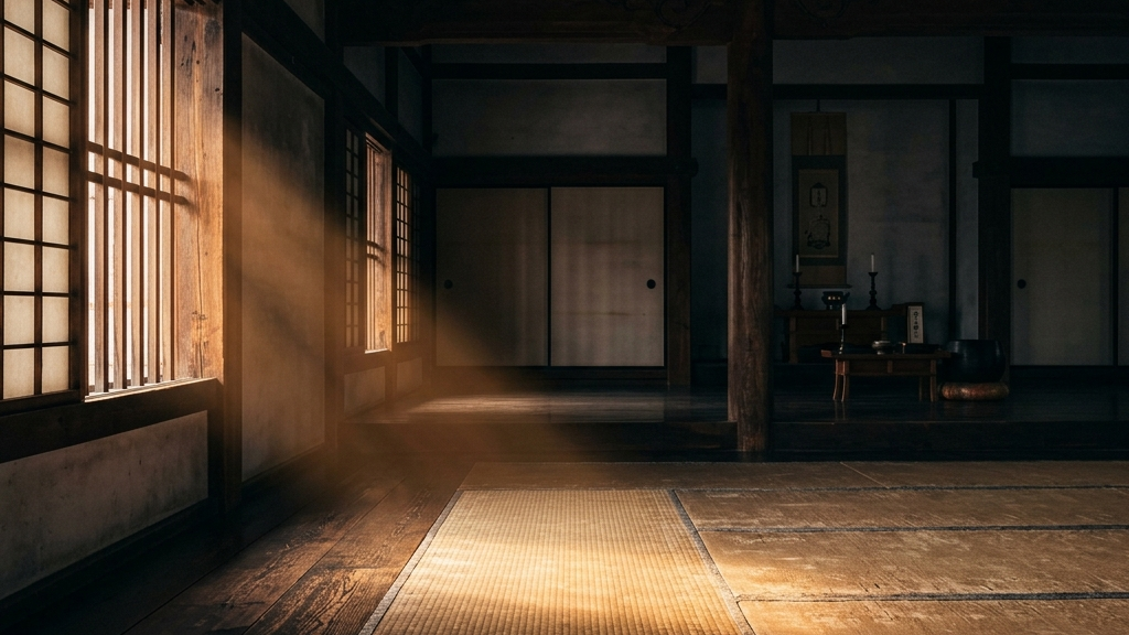 静寂に包まれた歴史的建造物と、差し込む一筋の光を象徴的に配置した余韻のある画