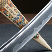 象牙の白さと極彩色の文様が交差する撥鏤の意匠と、鋭く光る日本刀の刀身が重なり合うコンセプチュアルアート