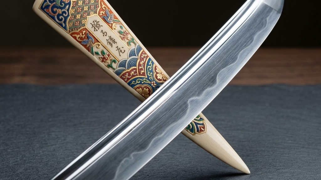 象牙の白さと極彩色の文様が交差する撥鏤の意匠と、鋭く光る日本刀の刀身が重なり合うコンセプチュアルアート
