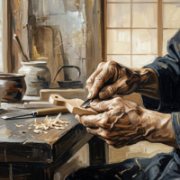 静寂な工房で光を浴びながら伝統工芸の作業に向き合う職人の手元の抽象画