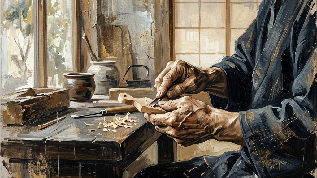 静寂な工房で光を浴びながら伝統工芸の作業に向き合う職人の手元の抽象画