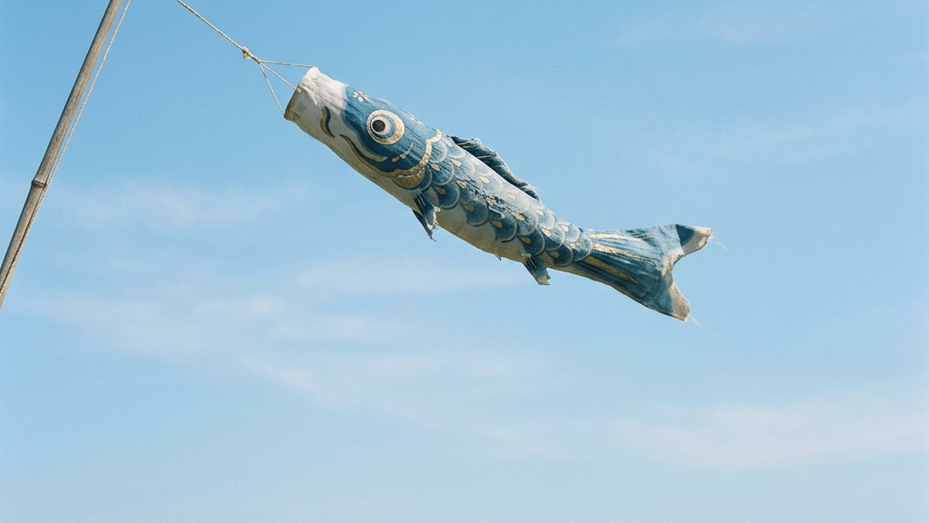 静かな青空を背景にミニマルに描かれる手描きこいのぼりと加須市の手仕事の概念図