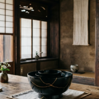 烏丸五条の古い町家を改装したPOJ studioの静謐な空間で、金継ぎが施された応量器が並ぶ情景