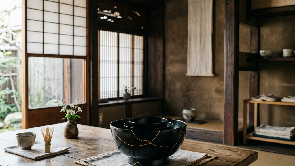 烏丸五条の古い町家を改装したPOJ studioの静謐な空間で、金継ぎが施された応量器が並ぶ情景