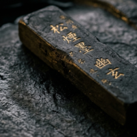 静寂な空間で硯の上に置かれた極めて美しい伝統的な日本の奈良墨の接写