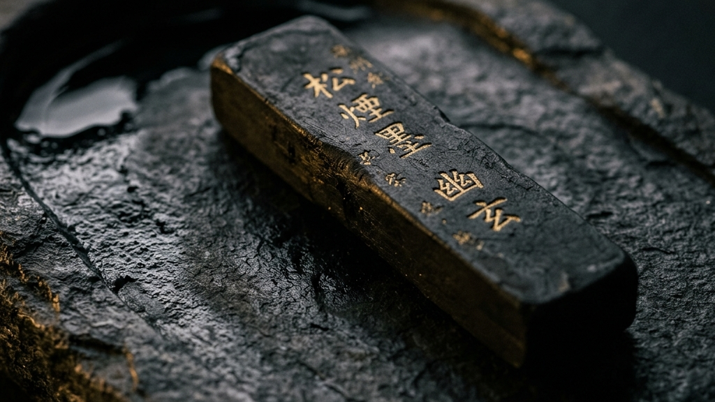 静寂な空間で硯の上に置かれた極めて美しい伝統的な日本の奈良墨の接写