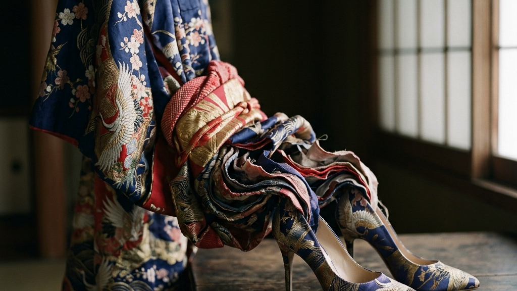 伝統的な着物と帯が静かに現代のシューズへと変化していく概念を示す芸術的なビジュアル