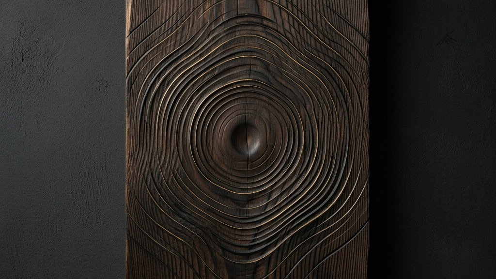 暗い木目と共鳴する音波を表現した極めてミニマルなコンセプチュアルアート