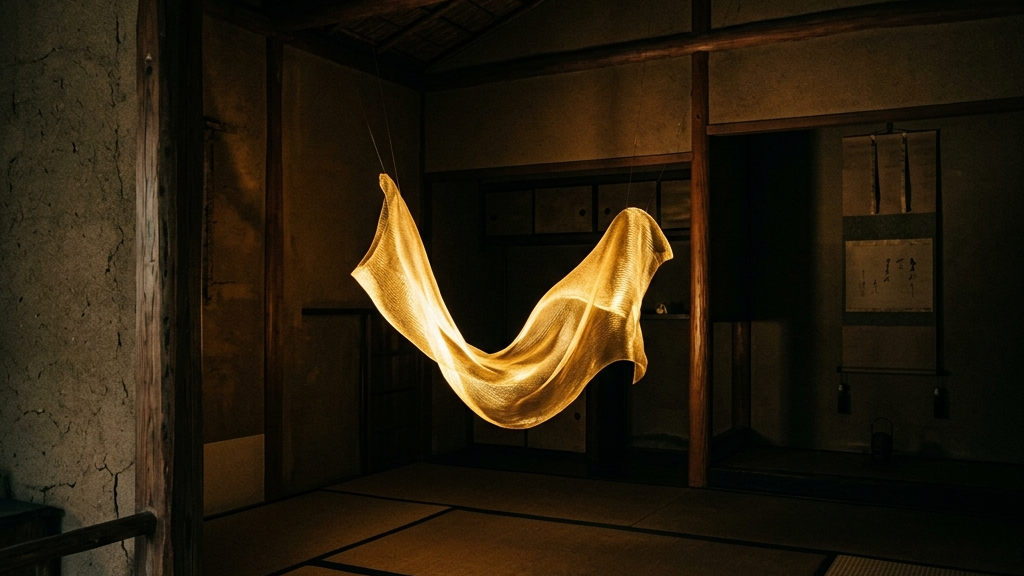 桃山文化を象徴する薄明かりの茶室のような空間に、一枚の黄金の裂地が浮かび上がるインスタレーションアート