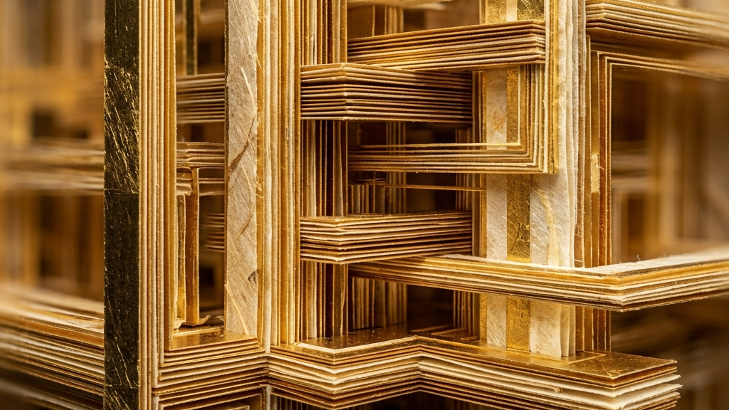 金箔と和紙のレイヤーが顕微鏡レベルの緻密さで重なり合う様を、現代建築のように捉えたマクロ写真