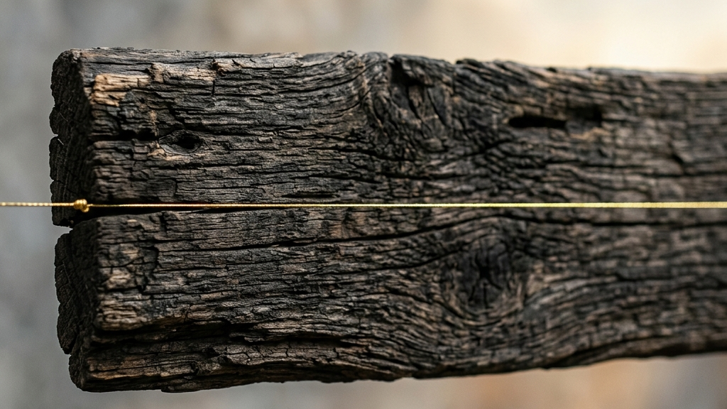 長い年月を感じさせる古材の上に、黄金の糸が一本だけ直線的に張られ、未来へと続く道を暗示するコンセプチュアルアート