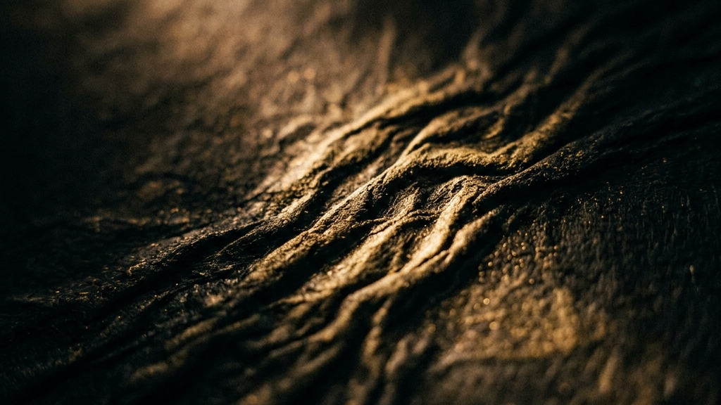 深い黒と微小な金の粒子が混ざり合う、うるし紙の微細な凹凸を捉えたマクロ写真風アート