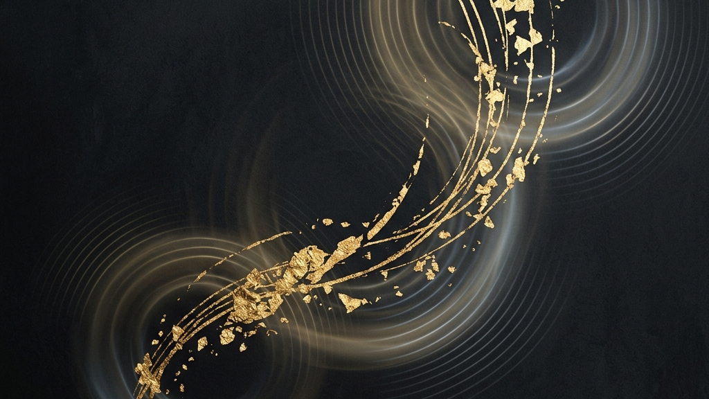 見えないデータの波紋と金箔が融合した、ダークモードの極限状態を描く概念図