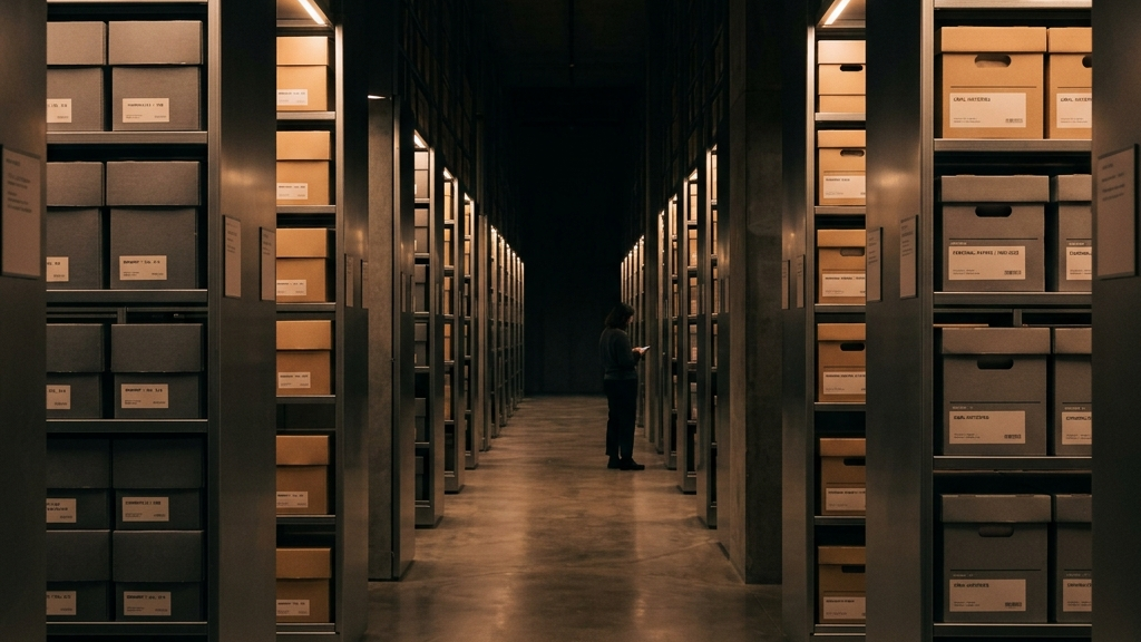 柔らかな琥珀色の光に照らされたミニマルなアーカイブ保管庫