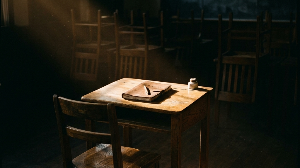 暗闇に一条の光が差し込む誰もいない教室の机。静寂な時間