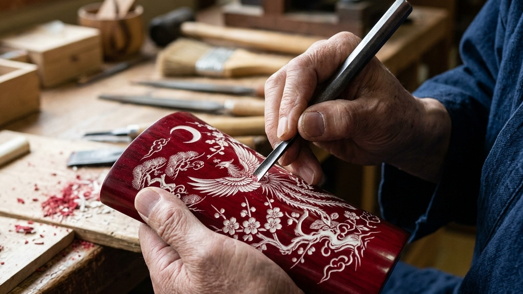 鮮やかな紅色に染まった象牙に、鋭い彫刻刀で精緻な模様が削り出されて純白の素地が浮かび上がる様子
