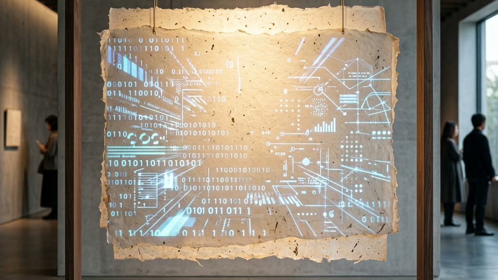 デジタルデータと手工業の対比を示す、和紙にあたる柔らかな光のコンセプチュアルアート