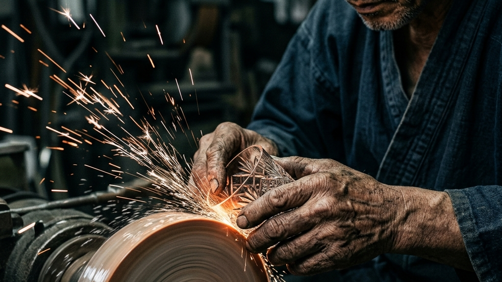 ガラスを削る職人の研ぎ澄まされた手元と集中