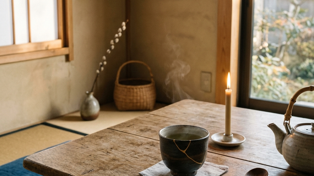 早朝の穏やかな自然光が差し込む静寂の部屋で、金継ぎを経たうつわや美しい和ろうそくを大切に使い続ける、生活風景