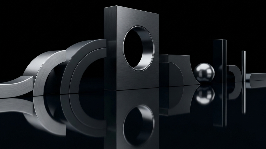 過去と未来の連続性を暗示した、黒い液面上に反射する銀色の幾何学構造物