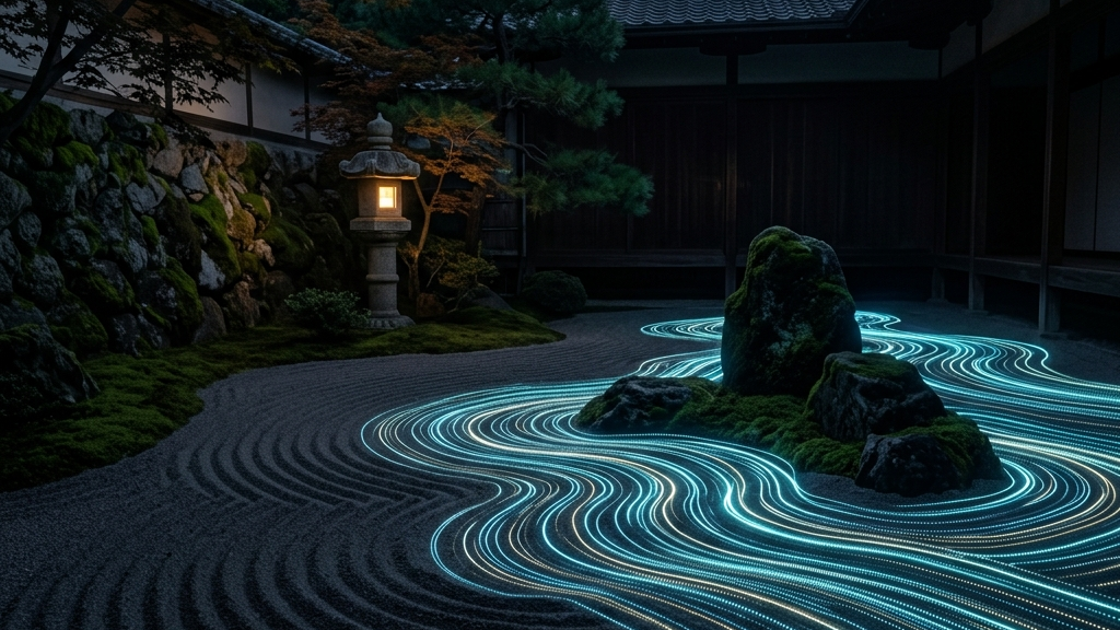 枯山水の砂の波紋がデジタルウェーブへと融け合う禅のアート