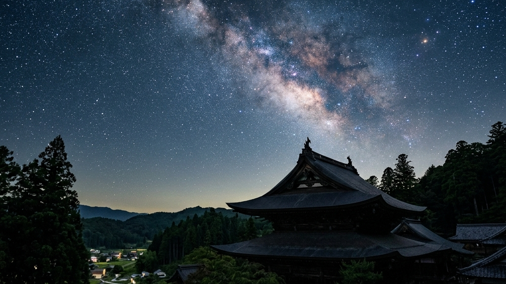 星空に照らされ永遠の時を刻む伝統的な和の瓦屋根のシルエット