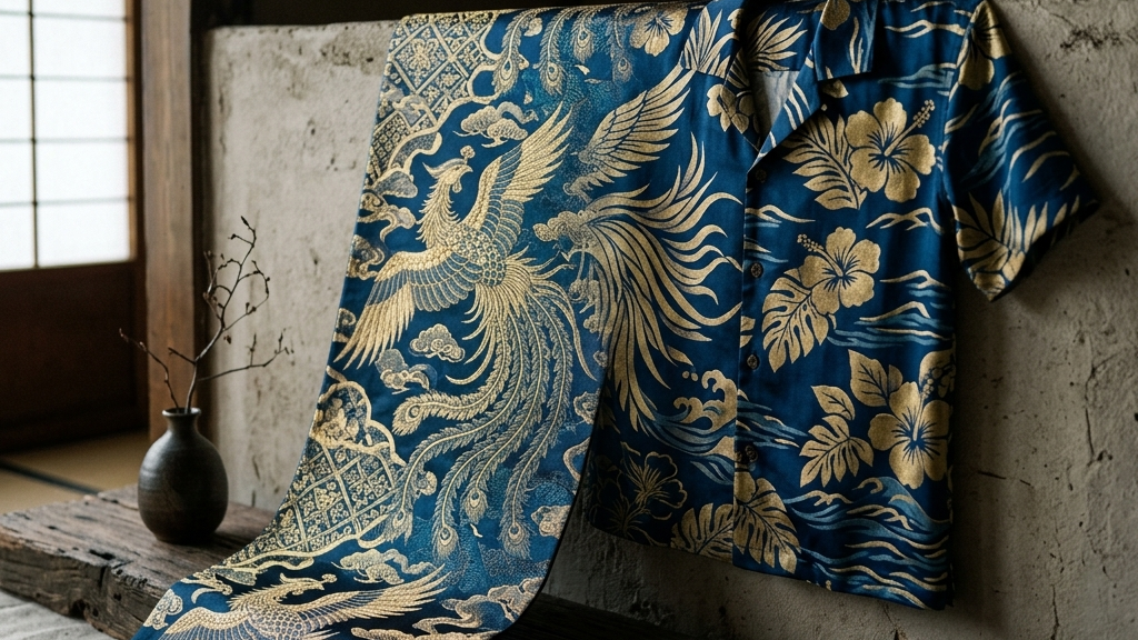 深い海のような青と金色の糸が織りなす西陣織のテキスタイルが、アロハシャツのパターンへと溶け込む神秘的な情景