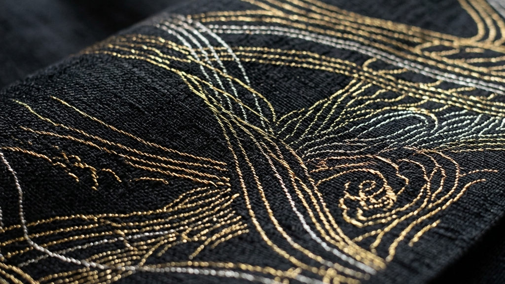 西陣織のテクスチャーと金属の輝きが交差するダークなアート