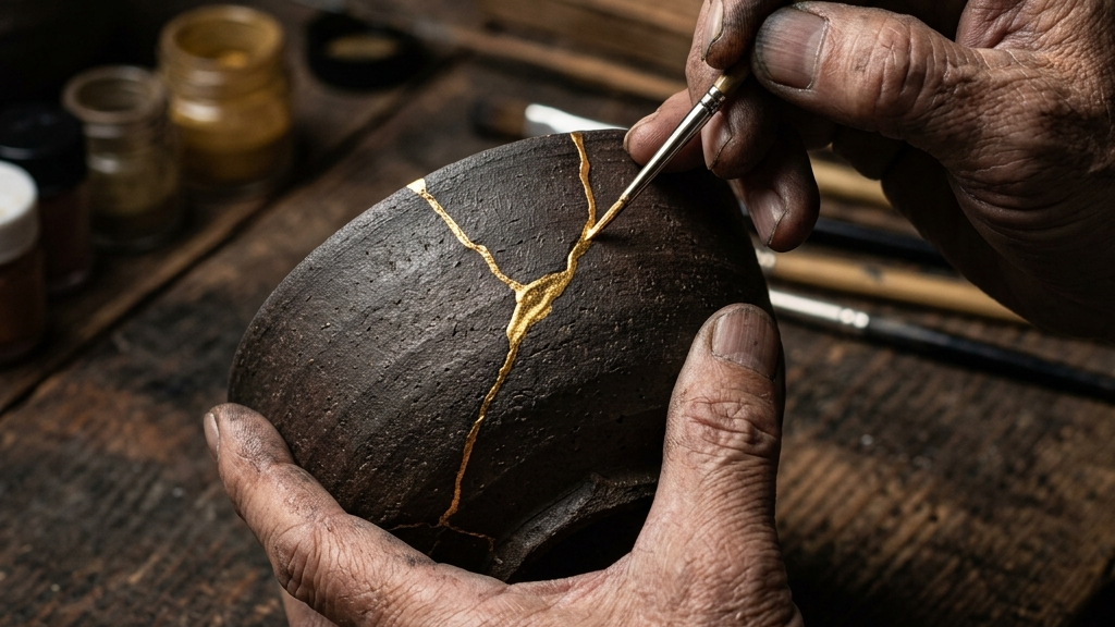 金継ぎ職人の手元。欠けた陶磁器の破片に金のラインが引かれ、傷が美しい景色へと変わる瞬間のクローズアップ