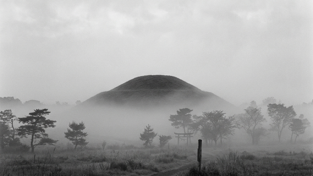 霧に包まれた無機質で静謐な古墳のモノクローム風景