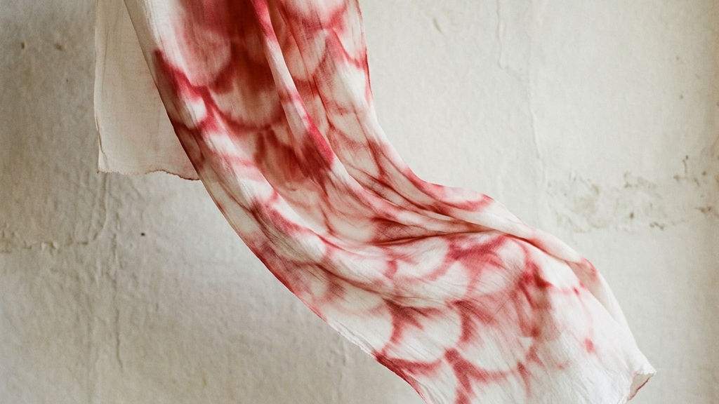 紅白の染料が綿布の上で柔らかく滲み、こいのぼりの鱗の生命力を抽象的に表現した和モダンアート