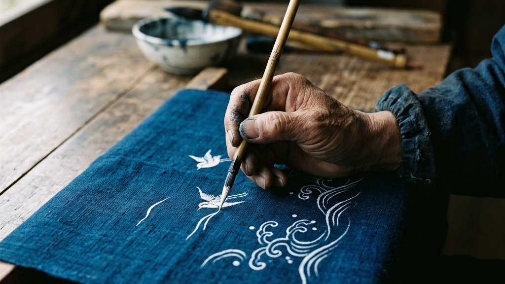 深い藍色の布に向かい、筆を走らせる職人の精緻な手仕事と柔らかな光のコントラスト