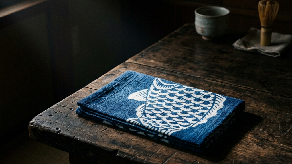 暗がりの木のテーブルに静かに置かれた、こいのぼり柄の折り畳まれた手ぬぐい。一筋の光が差し込む