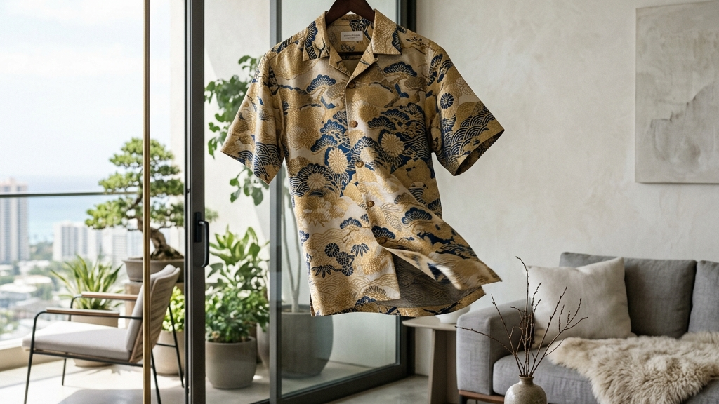 西陣織のアロハシャツが風に揺れ、現代の空間と見事に調和しているモダンな風景