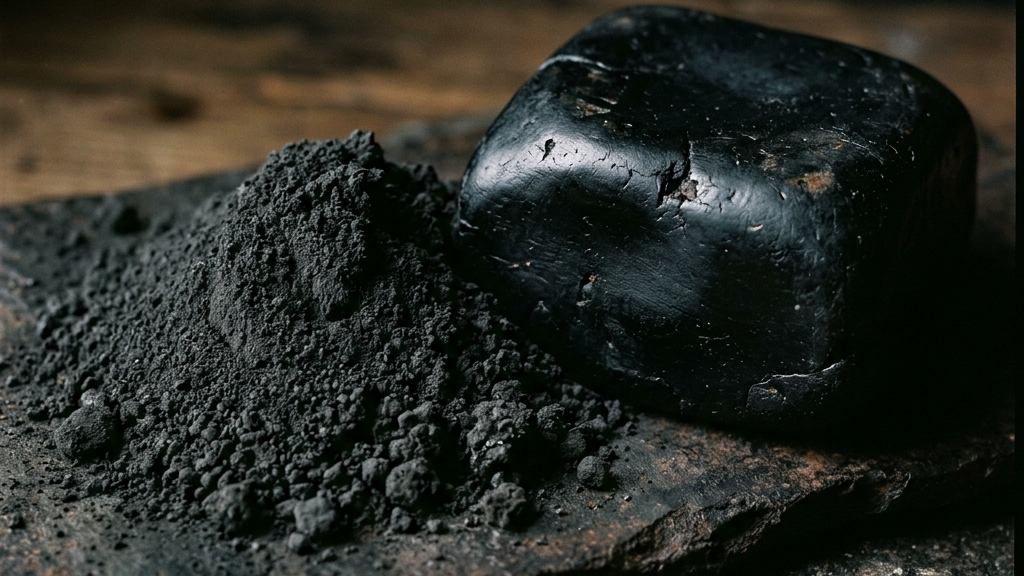 仄暗い空間の中で鈍い光を放つ炭素の煤と膠のテクスチャーを捉えたミニマリスティックなマクロ写真