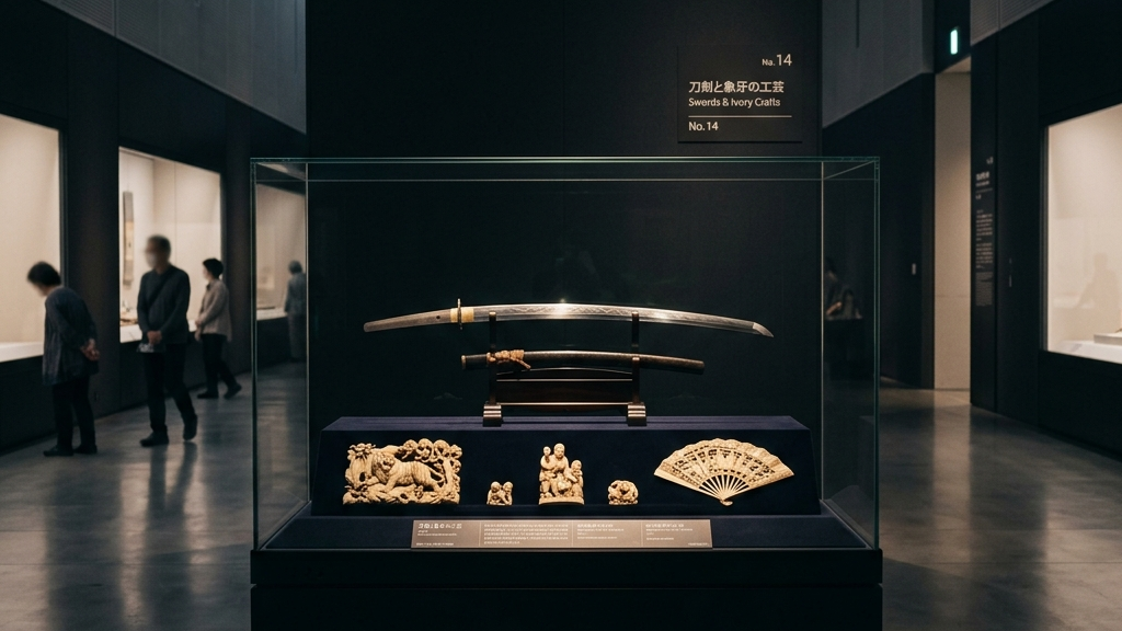 静寂に包まれた近代的な美術館の展示ケースの中で、刀剣の刃文の見え方と象牙の細工の色合いが絶妙な照明で浮かび上がっている展示風景