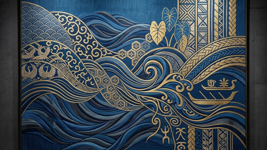 深く静かなブルーと本金糸が織りなす、西陣織とハワイアンのコンセプチュアルアート