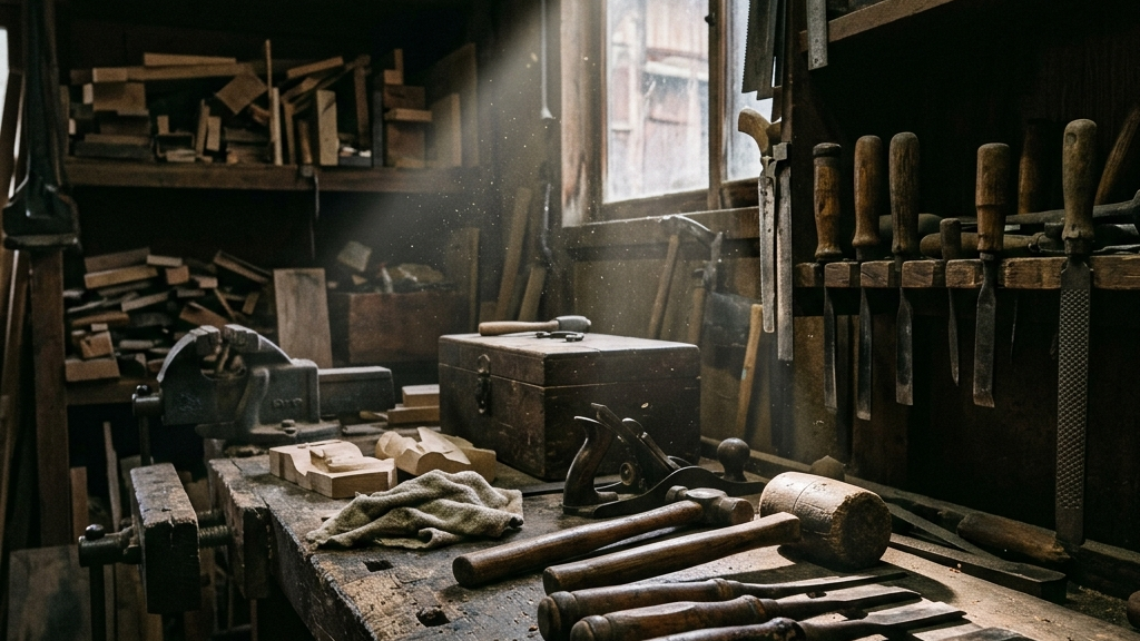 薄暗い工房の片隅に静かに置かれた使い込まれた道具類と、その奥から仄かに差し込む一筋の光が照らす埃の舞う神聖な光景