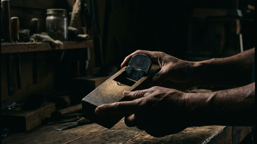 深い闇の工房内に射し込む一筋の自然光の中で道具を操る職人の両手のシルエット