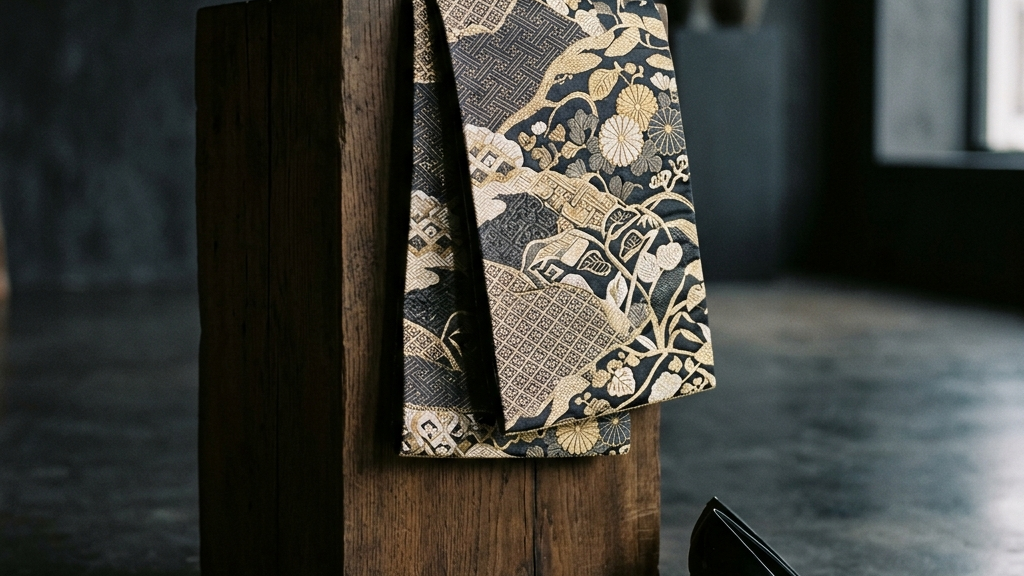 重厚な日本の帯が、エレガントで現代的なウィメンズシューズへと変化する様子を示すコンセプトビジュアル