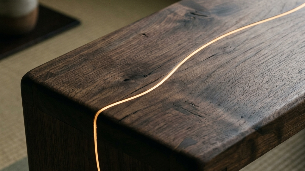 伝統の木材に寄り添う輝くデータラインのコンセプチュアルアート