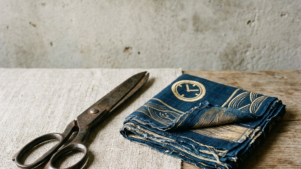 裁ち鋏と美しく折り畳まれた西陣織の布が並ぶ、時間の循環を象徴する静物画