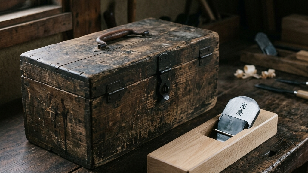 年月を経た使い込まれた職人の道具箱と、真新しいカンナが並ぶ静けさのある構図