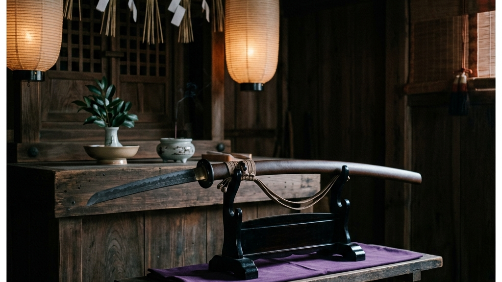 薄暗い神社の奥の間に厳かに奉納された一振りの太刀と、それを取り巻く研ぎ澄まされた冷たい空気感