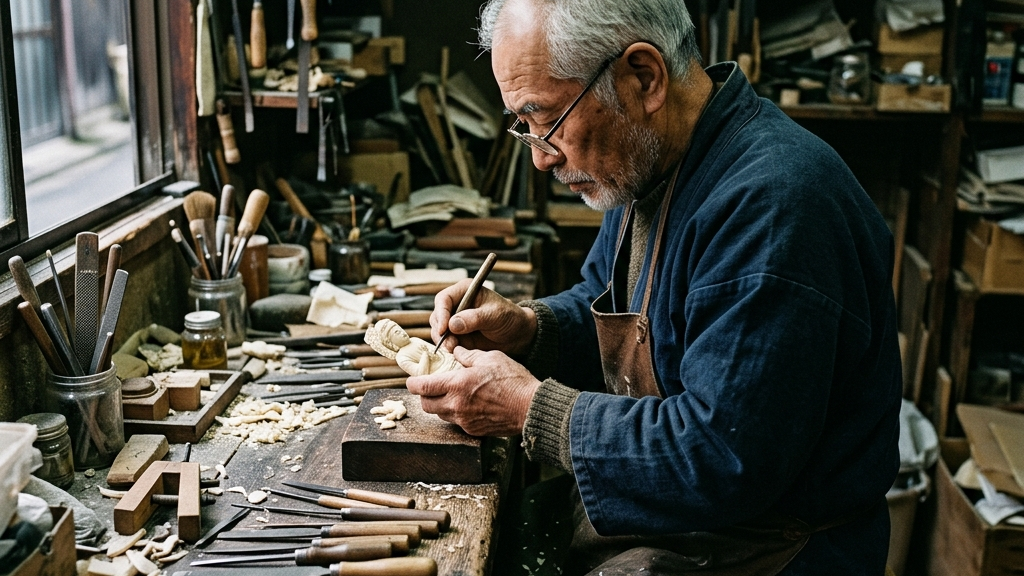 古い作業台に向かい、孤独な空間で黙々と象牙の彫刻に向き合う職人の横顔と、周囲に散らばる専用の道具類