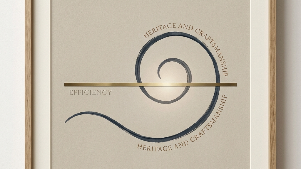 伝統工芸における技術継承の概念図（効率直線と継承螺旋の交差を描く抽象アート）