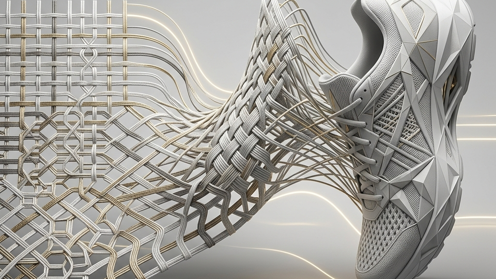 抽象的な幾何学模様が、ソリッドで構築的な現代シューズの構造へと変容する様を描いたモデリングイメージ