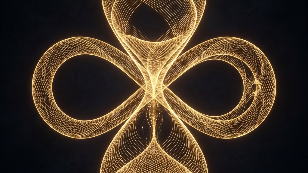 無機質な空間に浮かび上がる、黄金の糸で形成された循環系のライフサイクルを表すコンセプチュアルアート