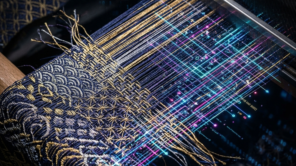 西陣織の絹糸が細密なデジタル情報へと繋がるマクロ視点のコンセプト画
