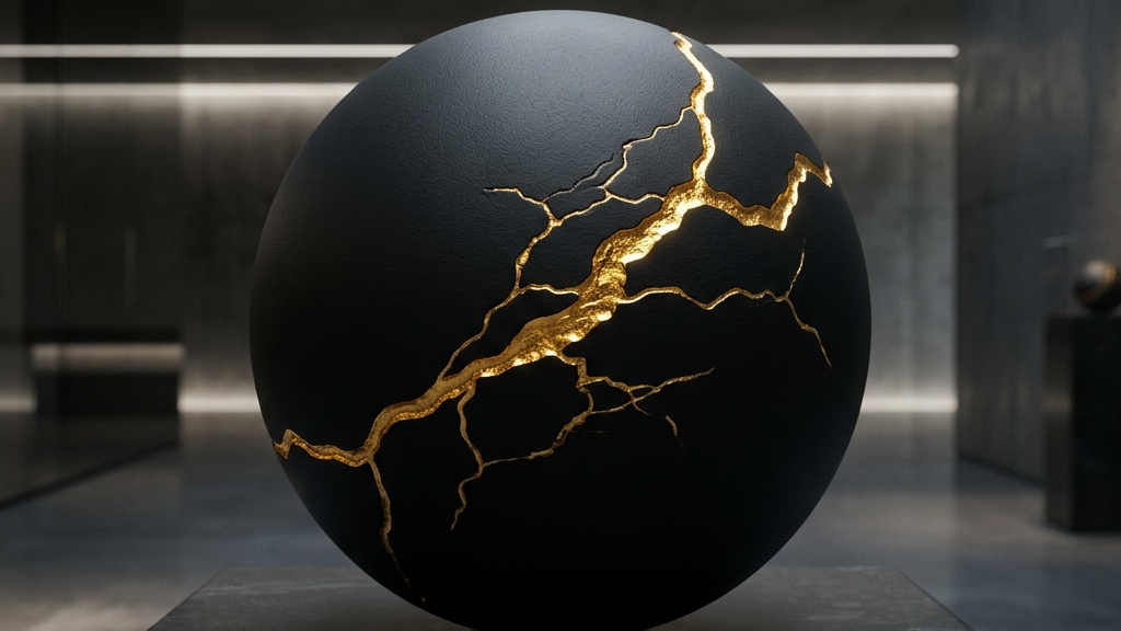 金継ぎの修復工程における時間軸と、傷痕が美しさへと反転する精神的価値向上のメカニズムを示す抽象的概念図